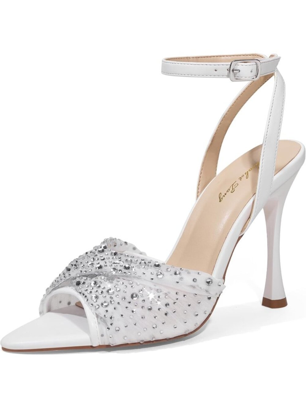 Women's White Mesh Rhinestone Pointed Open Toe Ankle Strap Crystals Heels Sandal
